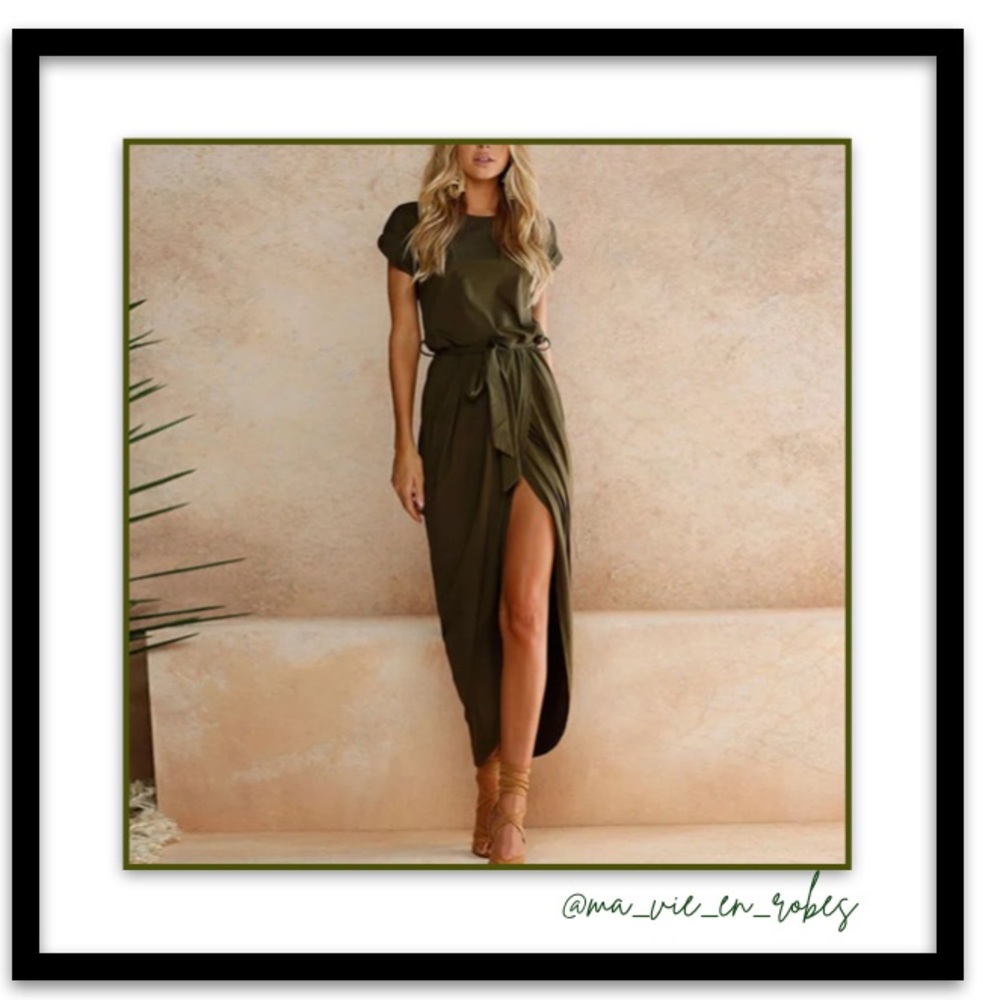 ✨Slinky Olive Dress, Wrap-Look, Left Leg Slit
